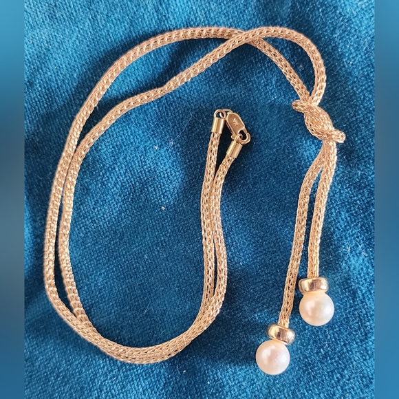 Michael Anthony 14K Yellow Gold Mesh Pearl Lariat Necklace - Picture 5 of 6